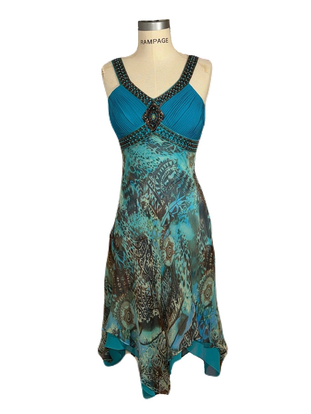 Y2K deadstock Sue Wong asymmetrical silk turquoise brown animal print dress sz 2